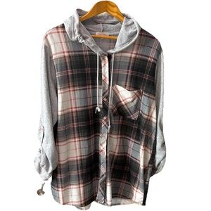 Stella Tweed Top Hooded Plaid Button Front Shirt Hoodie Plus Size 2x